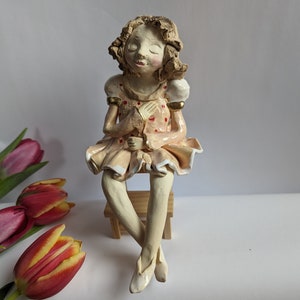 Ceramic girl with pink dress, handmade, seated sculpture, art ceramic figure,clay figurine, gift, free shipping girl room, bedroom decor