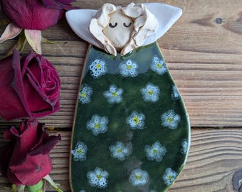 Handmade Ceramic Angel Wall Hanging, Green Floral Dress