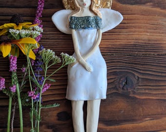 Handmade Ceramic Angel Wall Hanging, Gold Halo Art Sculpture