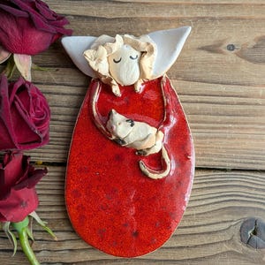 Ceramic Angel with cat, handmade sculpture, clay wall figure, wall hanging, art ceramic, sculpture, red angel, gift, free shipping