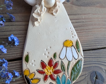 Handmade Ceramic Angel Wall Hanging, Floral Dress Sculpture