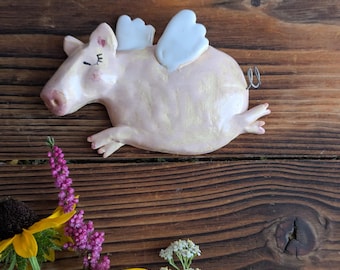 Handmade Ceramic Flying Pig Wall Hanging, Funny Gift