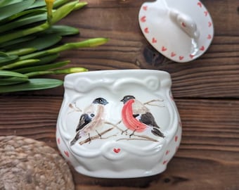 Ceramic sugar bowl with birds, handmade sugar dish, adorable birds, art ceramic, clay salt bowl, hand painted bullfinch