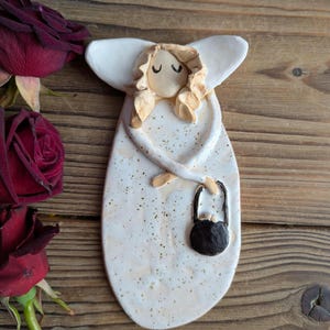 Ceramic Angel with handbag handmade sculpture, clay wall figure, wall hanging, art ceramic, Guardian angel, white angel, gift, free shipping
