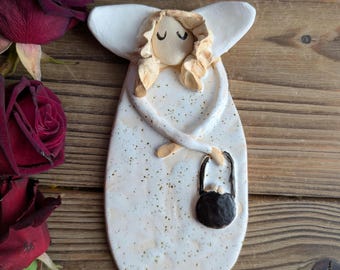 Handmade Ceramic Angel Sculpture, White Clay Wall Hanging