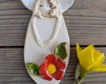 Handmade Ceramic Angel Wall Hanging with Red Flower