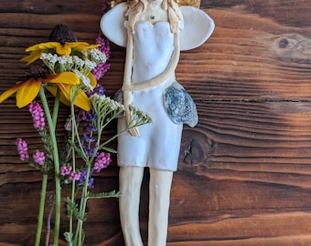 Handmade Ceramic Angel Wall Hanging, Gold Halo, Art Sculpture