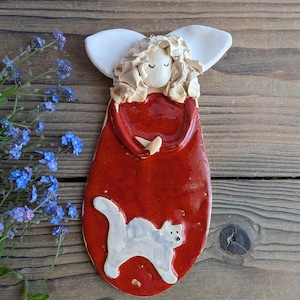Ceramic Angel with cat, handmade sculpture, clay wall figure, wall hanging, art ceramic, sculpture, Red dress angel, gift, free shipping