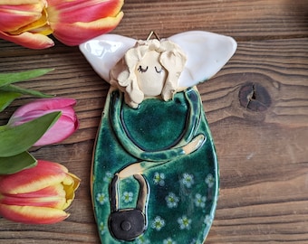 Ceramic Angel with handbag,handmade sculpture, clay wall figure, wall hanging, art ceramic, sculpture, dark green angel, gift, free shipping