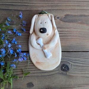 Ceramic dog with bone,  handmade sculpture, clay wall figure, wall hanging, art ceramic, cute dog, free shipping, doggy