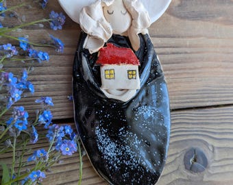 Handmade Ceramic Angel Wall Hanging, Black Clay Sculpture