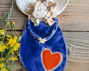 Handmade Ceramic Angel Sculpture, Cobalt Blue Dress, Wall Hanging
