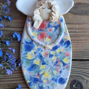 Ceramic Angel with flower, handmade sculpture, clay wall figure, wall hanging, art ceramic, Guardian angel, colorful angel,free shipping