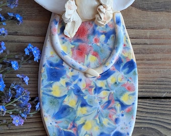 Handmade Ceramic Angel Wall Hanging, Colorful Glaze, Guardian Angel Sculpture