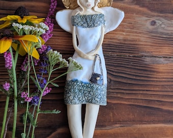 Handmade Ceramic Angel Wall Hanging, Gold Halo, Art Sculpture