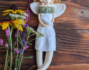 Handmade Ceramic Angel Wall Hanging, Gold Halo, Art Sculpture