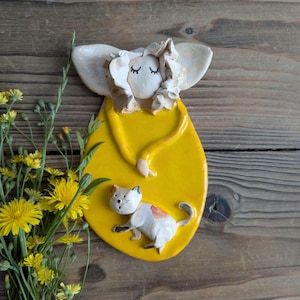 Ceramic Angel with cat, handmade sculpture, clay wall figure, wall hanging, art ceramic, sculpture, yellow angel, gift, free shipping