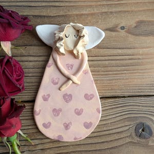 Ceramic Angel. Pink dress with hearts, handmade sculpture, clay wall figure, wall hanging, art ceramic, sculpture, pink angel, free shipping