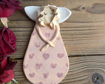 Handmade Ceramic Angel Wall Hanging, Pink Dress with Hearts