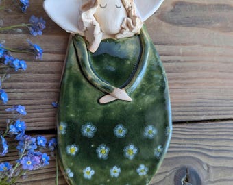 Handmade Ceramic Angel Wall Hanging, Green Dress, Floral Sculpture