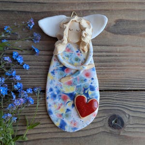 Ceramic Angel, colorful dress, handmade sculpture, clay wall figure, wall hanging, art ceramic, Guardian angel, colorful angel,free shipping