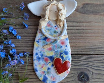 Handmade Ceramic Angel Wall Hanging, Colorful Dress Sculpture
