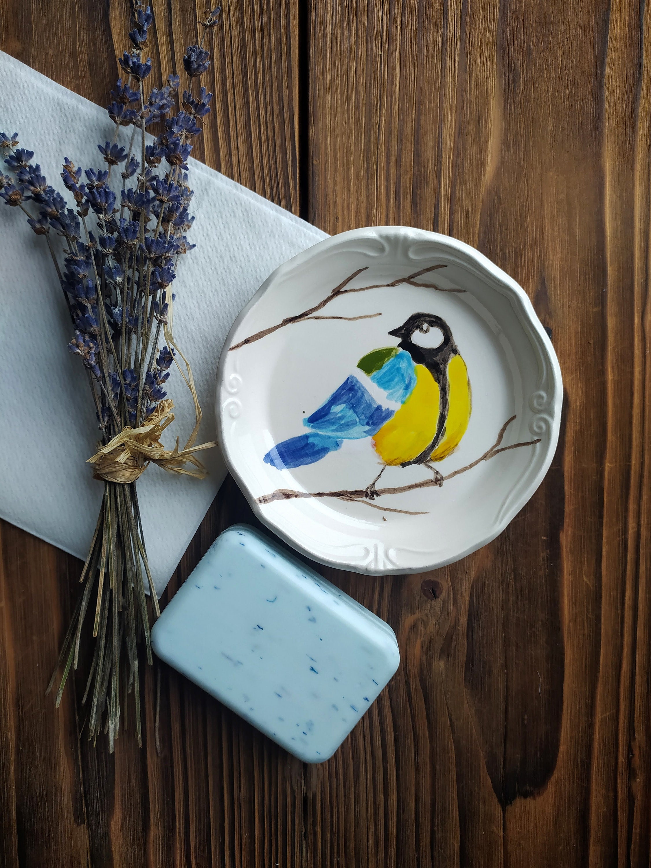 手描きの陶器製シジュウカラソープディッシュ、鳥のジュエリー