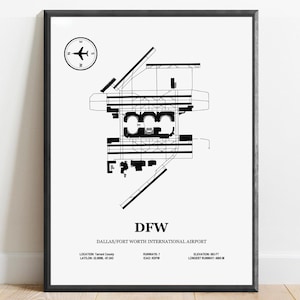Poster dell'aeroporto DFW - Mappa dell'aeroporto internazionale di Dallas Fort Worth / Stampa artistica minimalista dell'aviazione