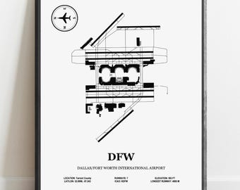 DFW Airport Poster – Dallas Fort Worth International Airport Map | Minimalist Blueprint Aviation Art Print