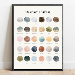 May include: A framed wall art print titled the colors of alaska, featuring a grid of thirty watercolor circles in various earthy and natural tones. Each circle is labeled with a specific Alaskan-themed name in small black text below it.