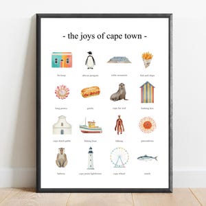 以下が含まれることがあります： the joys of cape townというタイトルの額入りアートプリント。ペンギン、テーブルマウンテン、フィッシュアンドチップス、アザラシ、漁船、灯台、観覧車など、16個の水彩画イラストがグリッド状に配置され、それぞれの名称が記載されています。