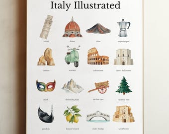 Puede incluir: Una impresión enmarcada titulada "Italy Illustrated" con ilustraciones en acuarela de monumentos y símbolos culturales italianos. La obra de arte incluye la Torre Inclinada de Pisa, el Coliseo y una Vespa.
