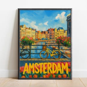 Amsterdam Poster – Colorful Canal Bike Scene Wall Art, Dutch Cityscape Travel Print, Impressionist Amsterdam Decor with Tulips