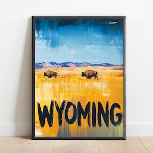 Póster de Wyoming: impresión artística abstracta de viajes, decoración de pared moderna, pinceladas atrevidas y texturizadas