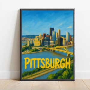 May include: A painting of the Pittsburgh skyline with the city's iconic bridges and skyscrapers. The painting is in a black frame and has a blue sky with white clouds in the background. The text "PITTSBURGH" is written in yellow letters across the bottom of the painting.