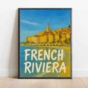 Póster de la Riviera Francesa: arte mural de la costa mediterránea, impresión de viaje al sur de Francia, decoración colorida de un pueblo costero