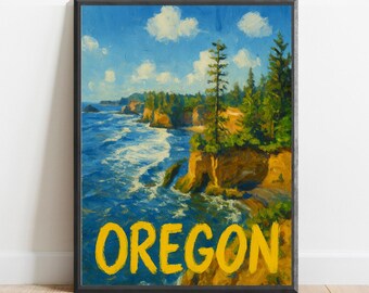 May include: A vintage-style illustration of a coastal scene in Oregon. The painting depicts a rocky coastline with crashing waves, lush green trees, and a bright blue sky with fluffy white clouds. The word "OREGON" is written in bold yellow letters at the bottom of the image.