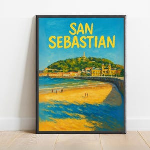 Póster de San Sebastián: Impresión vibrante de la playa española con la bahía de La Concha, arte mural costero para decoración mediterránea y veraniega.
