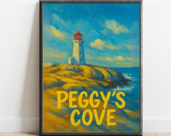 Könnte beinhalten: Gerahmter Kunstdruck des Leuchtturms von Peggy's Cove. Das Kunstwerk zeigt einen weißen Leuchtturm mit roter Spitze vor blauem Himmel mit flauschigen Wolken. Die Worte "Peggy's Cove" stehen unten in Gelb.
