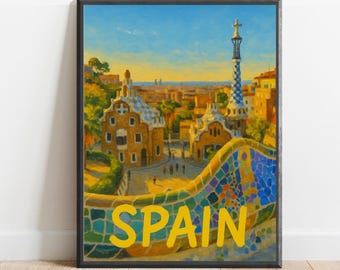 Spain Poster – Barcelona Park Güell Wall Art, Colorful Spanish Travel Print, Mediterranean Home Decor, Gaudí Inspired Artwork