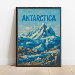 Póster de la Antártida: Impresión de arte mural con paisaje polar, icebergs y montañas / Decoración minimalista para viajes en climas fríos