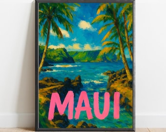 Maui Poster – Hawaii Tropical Wall Art, Palm Tree Coastline Print, Ocean Paradise Travel Decor in Impressionist Style