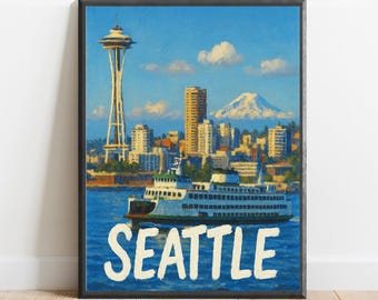 May include: A vintage-style poster featuring a colorful illustration of the Seattle skyline, including the Space Needle, a ferry boat, and Mount Rainier. The poster has the word "SEATTLE" in large white letters at the bottom.
