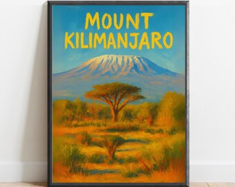 Mount Kilimanjaro Poster – African Landscape Wall Art Print, Tanzania Safari Decor, Vibrant Mountain Travel Illustration