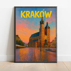 Kraków Poster – Romantic Poland Travel Print with St. Mary&#39;s Basilica at Sunset, European City Wall Art for Vintage & Classic Decor