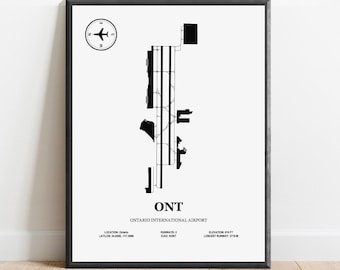 ONT, internationale luchthaven Ontario: kaart luchthavenontwerp, luchtvaartposter