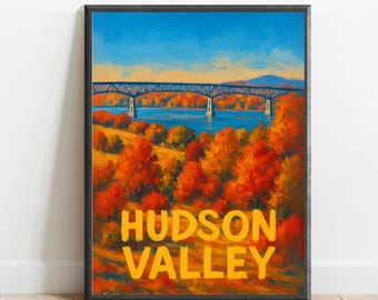 Póster del Valle del Hudson: Impresión artística escénica de un puente otoñal / Decoración de pared con paisaje de follaje otoñal de Nueva York