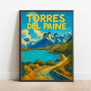 TORRES DEL PAINE Poster – Patagonia Mountain Wall Art Print, Chilean Nature Decor, Hiking Landscape Illustration for Adventure Lovers