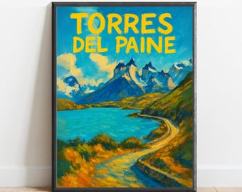 TORRES DEL PAINE Poster – Patagonia Mountain Wall Art Print, Chilean Nature Decor, Hiking Landscape Illustration for Adventure Lovers