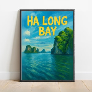 Póster de la bahía de Ha Long: arte mural con paisaje marino de Vietnam, islas de piedra caliza y vista al océano.